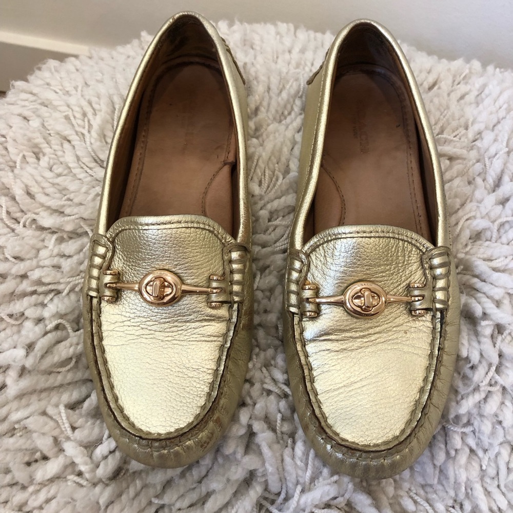 Snazzy gold leather Coach loafers. Perfect for work.